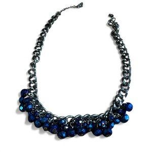 Gunmetal Chain Statement Necklace with Deep Blue Faceted Beads Modern Fashion